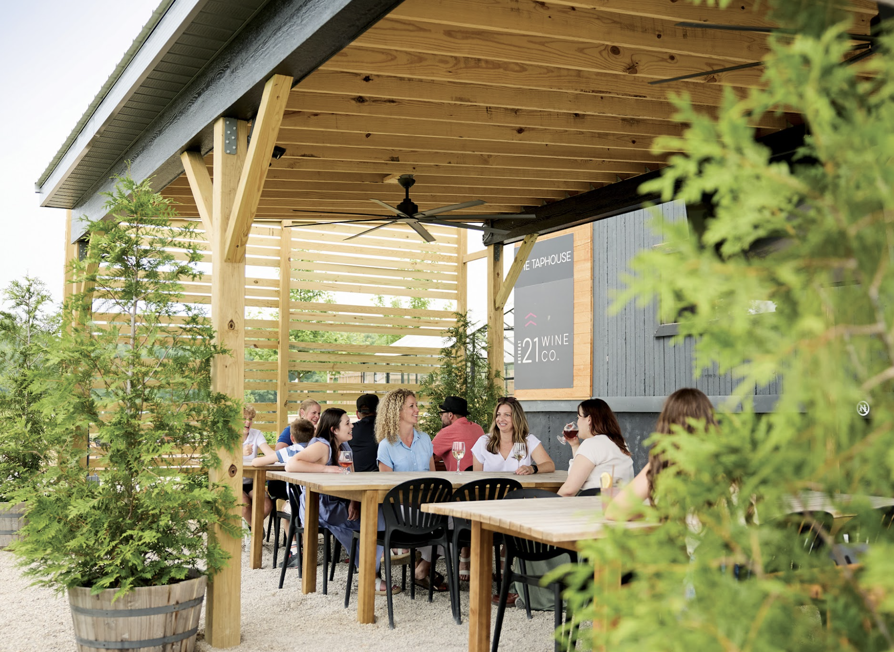 Exterior view of the Pavilion at The Taphouse, an open-air event space overlooking the vineyard