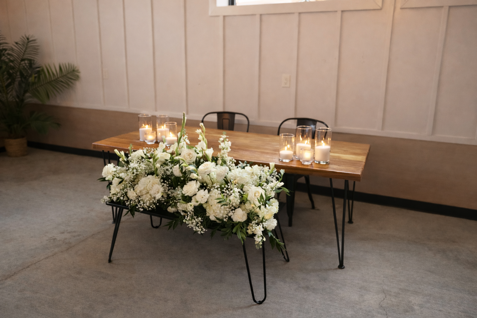 Kitchen and dining area with beautiful table inside cabin at Retreat 21 near Columbus, Ohio